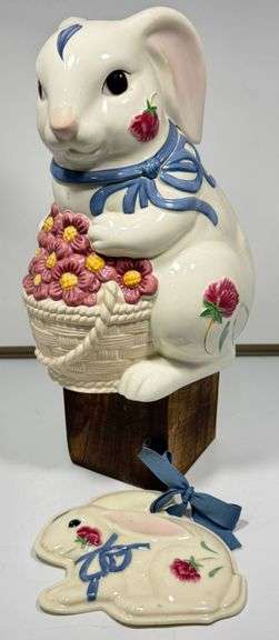Super Cute, Lenox Poppies On Blue Ceramic Bunny Cookie Jar With Matching Cookie Press