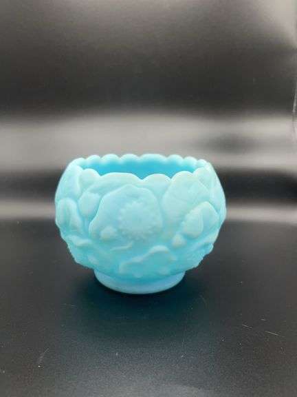 Fenton Blue Satin Lotus Flower Bowl