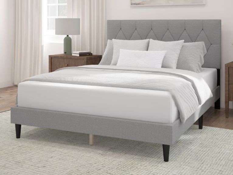 Mainstays Hillside Diamond Tufted Upholstered Queen Platform Bed, Gray