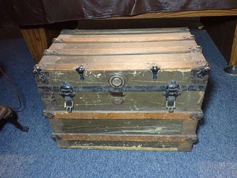 Antique Wood Flat Top Steamer Trunk with Metal Hardware