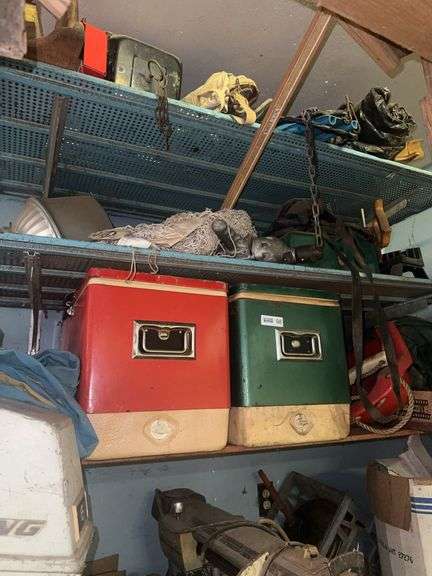 Vintage Coolers, Industrial Drill, Hand Miter Box & misc.