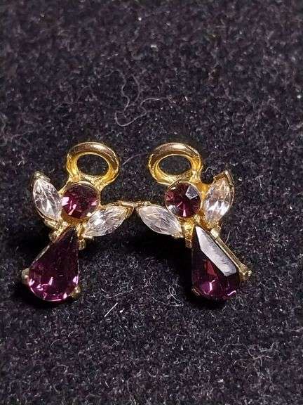 Gold-Tone Angel Charms with Purple and Clear Stones Pierced Earrings