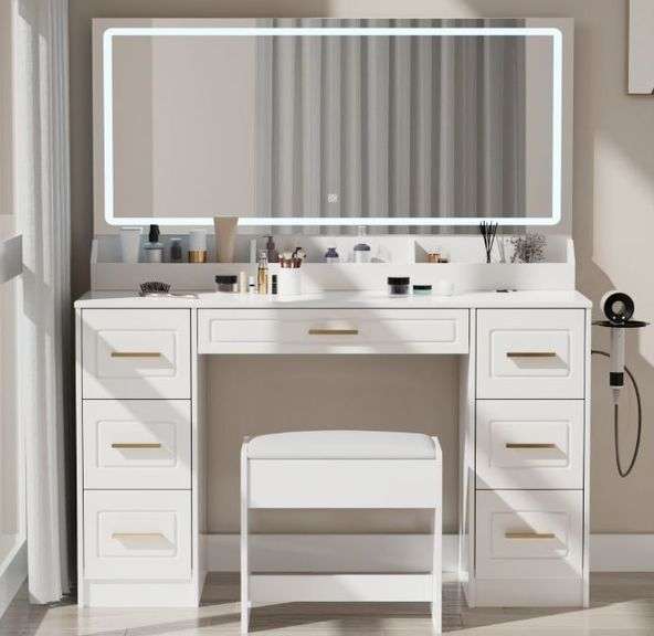 Homesflex Vanity Desk w/ Mirror, LED Lights, Power Outlet, 43''W, 3 Color Modes, 7 Drawers & Chair