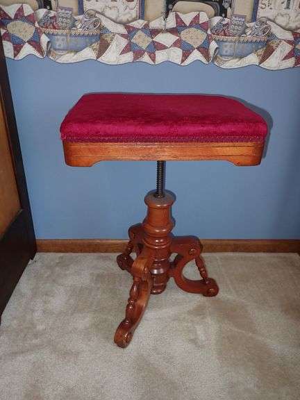Victorian Wooden Adjustable Piano Stool with Red Upholstered Seat