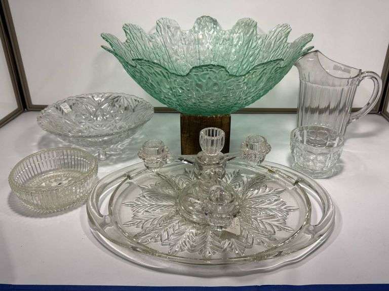 Glassware Including Murano Bowl and Candleholder on Tray