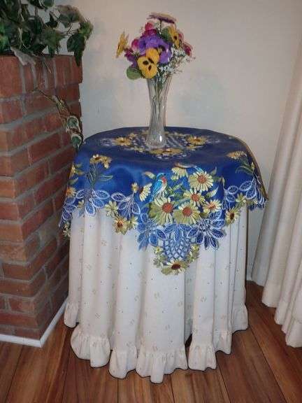 Pedestal Table with Cover, Cloth and Artificial Flowers