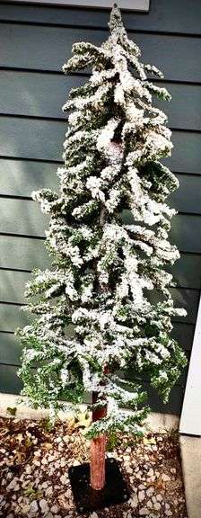 Beautiful Snow-Flocked Artificial Tree with Wooden Base, Approximately 5 Feet Tall