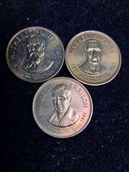 Three Presidential Commemorative Coins Featuring Hayes, Harding, and Harrison