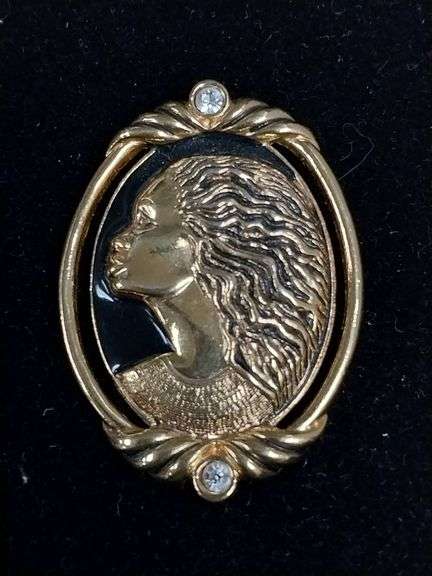 Gold-Tone Cameo Pendant Brooch with Rhinestones, Signed Coreen Simpson