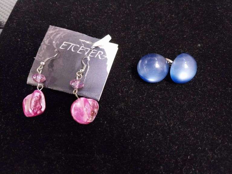 Earrings with Pink Dangling Design and Blue Studs