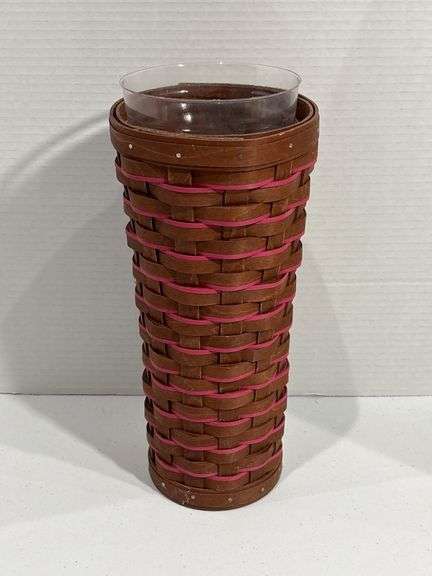 Longaberger Wicker Vase with Pink Accents and Glass Insert