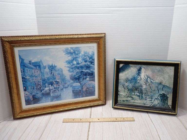 Framed Parisian Street Scene and Mountain Landscape Set