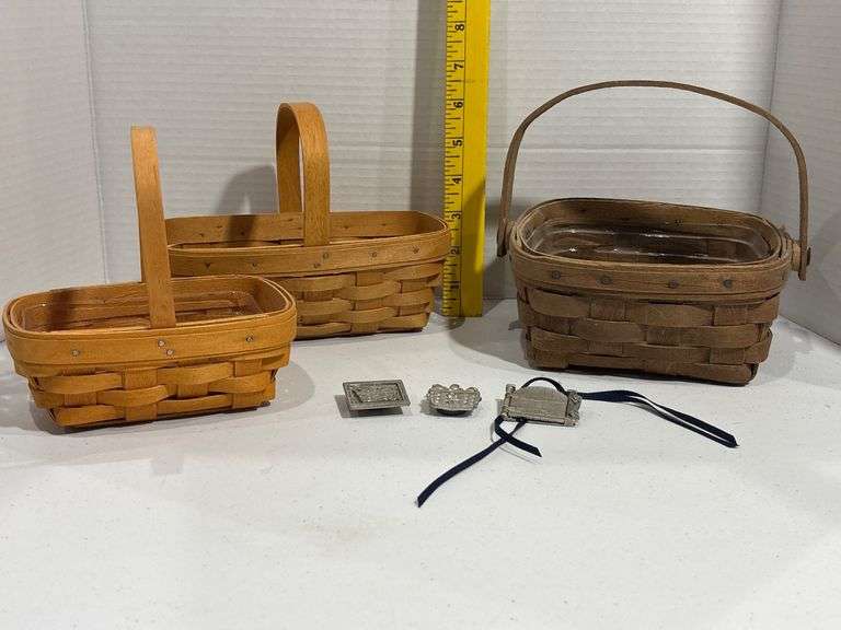 Longaberger Three Woven Baskets with Pewter Ornaments