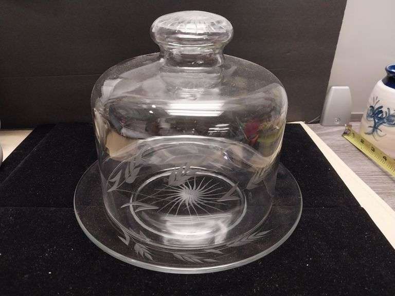 Etched Glass Cheese Dome and Plate with Decorative Details