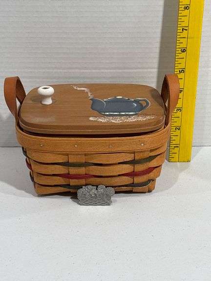 Longaberger Wood and Woven Basket with Lid and Teapot Design
