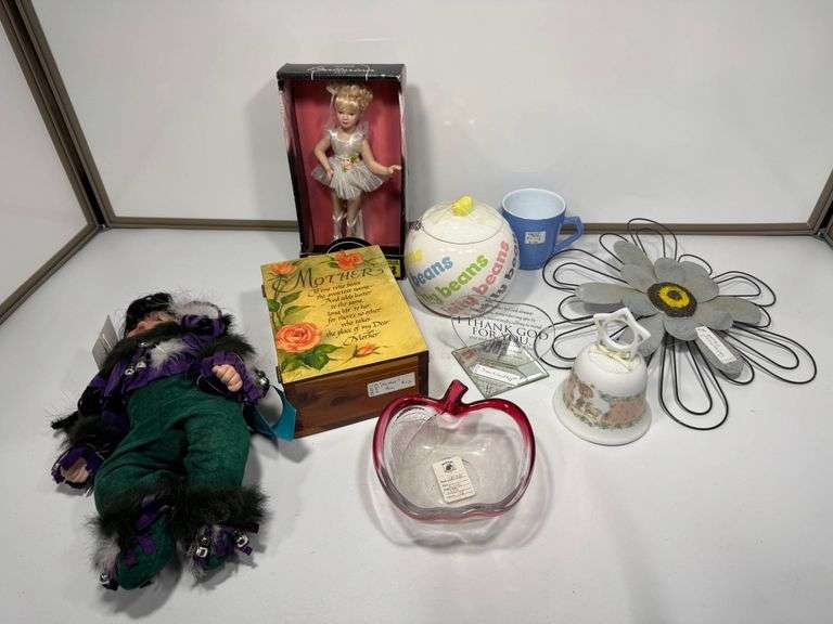 Decorative Items Including Dolls, Wall Hanging, and Glass Apple Bowl