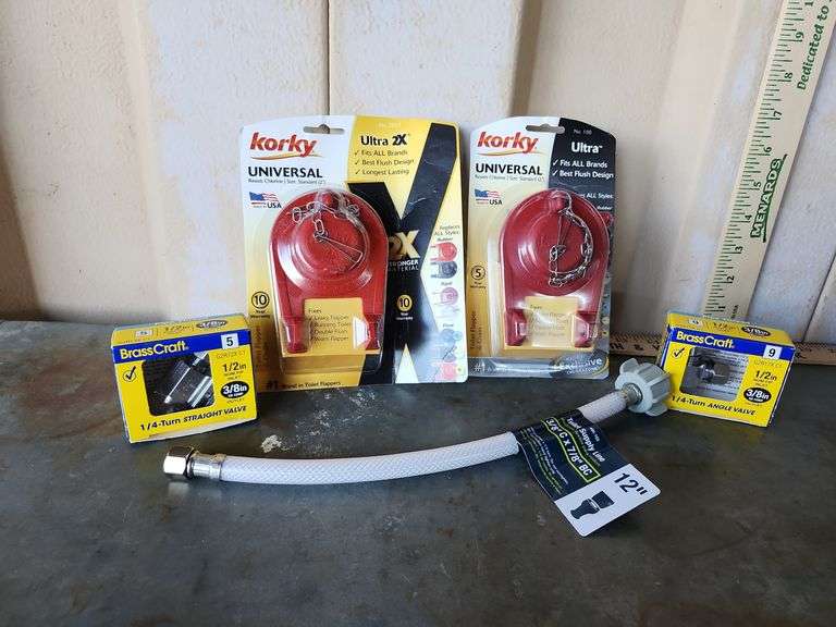 Toilet Supply Line 3/8'' C 7/8'' BC 12'' Long, 2 Universal Flappers, & Two-1/4 Turn Straight Valves