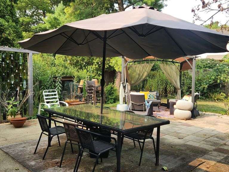 Wicker Table, Chairs, Triple Umbrella