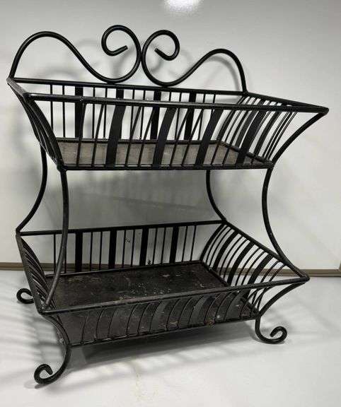 Two-Tier Black Wrought Iron Basket Stand With Decorative Scrollwork