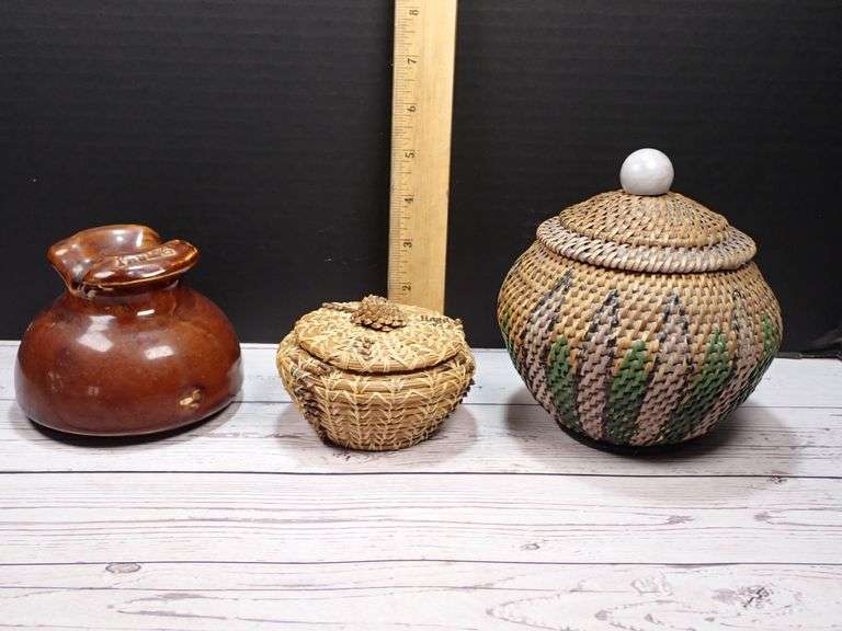 Hand-Woven Storage Baskets with Lids and Brown Glazed Pottery Thomas Porcelain Insulator