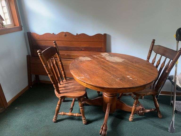 Wood Table with 2 Chairs and Twin Wood Headboard and Footboard-no bed rails