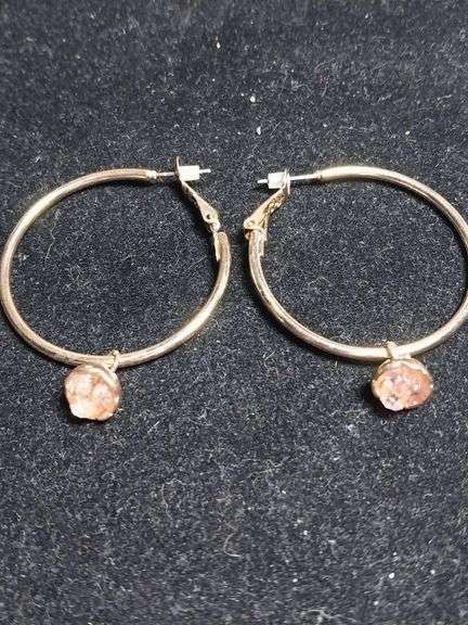 Gold Hoop Earrings with Pink Stone Accents