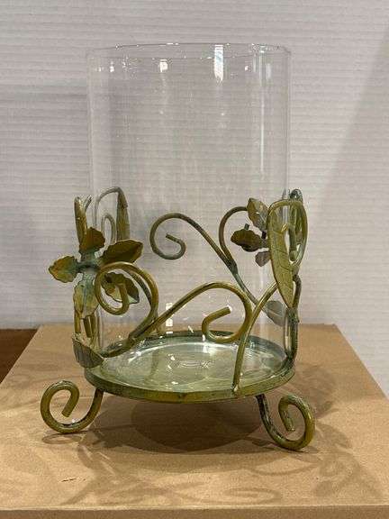 Longaberger Glass Hurricane Candle Holder with Metal Vine Stand