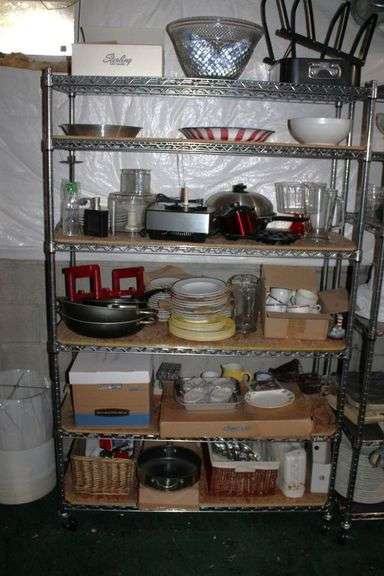 Wire Rack Organizer with Contents, Including Kitchenware and Glassware ...