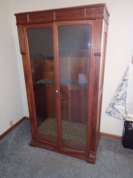 Locking Wooden Gun Safe Cabinet with Wavey Glass Front and Roll-Down Blackout Shades