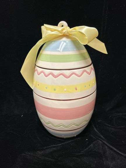 Hand-Painted Ceramic Egg-Shaped Cookie Jar With Ribbon Detail
