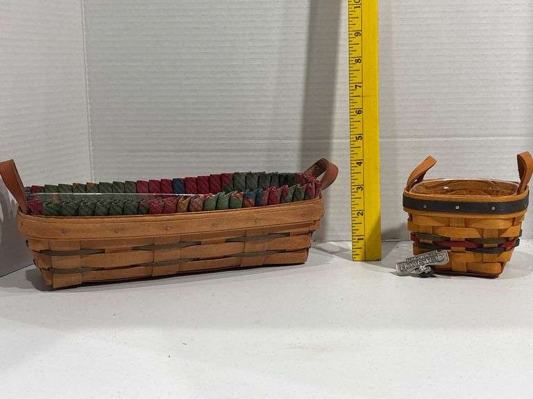 Longaberger Two Woven Wooden Baskets With Leather Handles
