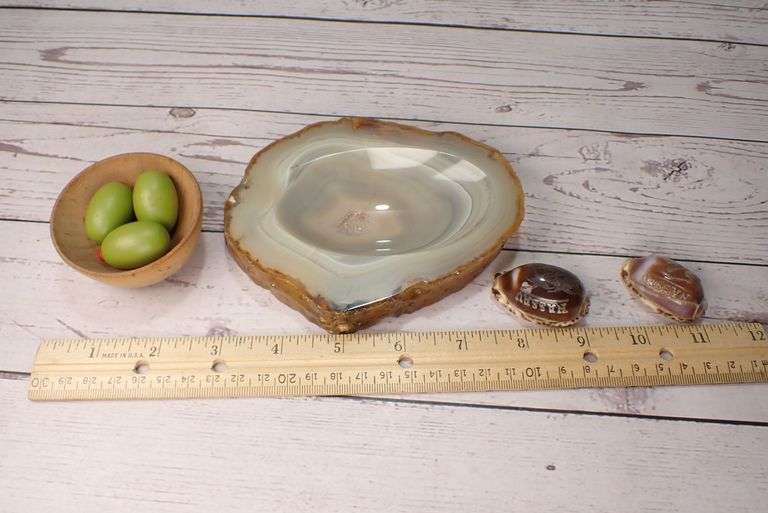 Wood Bowl with Faux Olives, Agate Ashtray, and Carved Shells