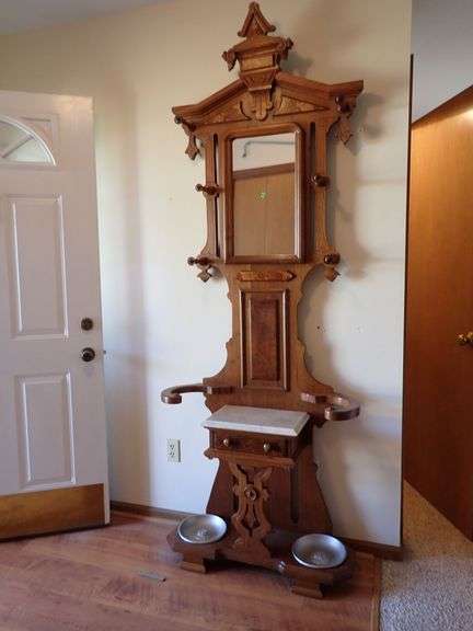 Victorian-Style Carved Wood Hall Tree with Marble Top and Mirror