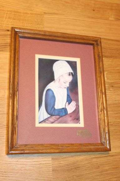 Sandy Reddig Signed Framed Print – Young Girl in Prayer – 10-1/8”H x 8-1/8”W