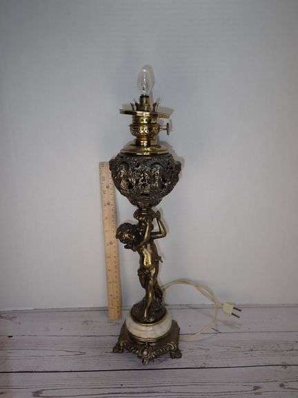 Brass Figurine Table Lamp with Cherub Motif and Ornate Details