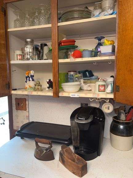 Glassware, Sad Iron, Block Plane, Coffee Maker, Contents of Cabinet & Crock