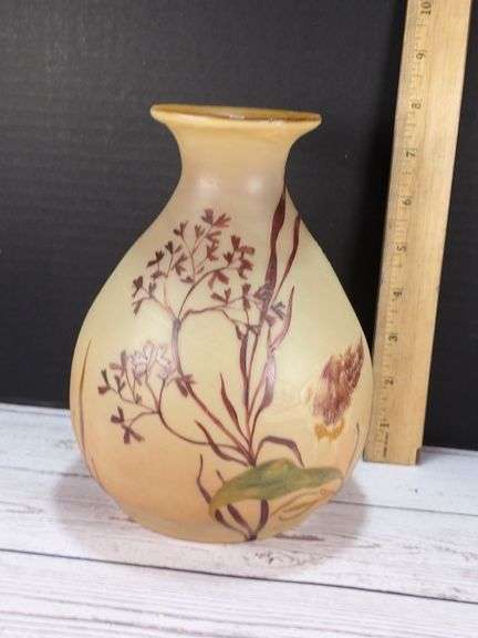 Legras France Acid Etched and Enameled 8 inch Art Glass Vase circa 1920