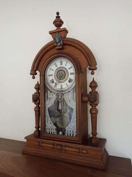SEE VIDEO - William L. Gilbert ‘Jupiter’ Mantel Clock with Decorative Carved Wood Case