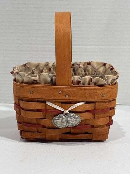 Longaberger Woven Wooden Basket with Fabric Liner and Charm