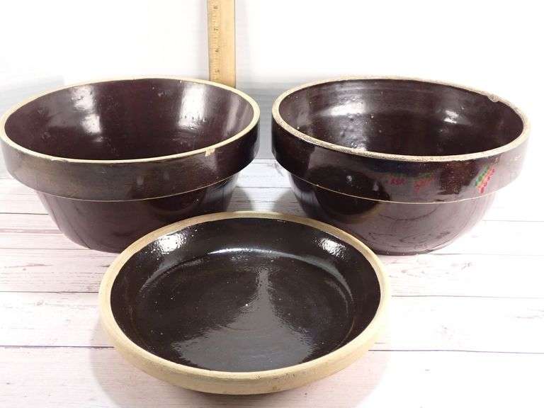 Three Glazed Stoneware Mixing and Bread Proofing Bowls