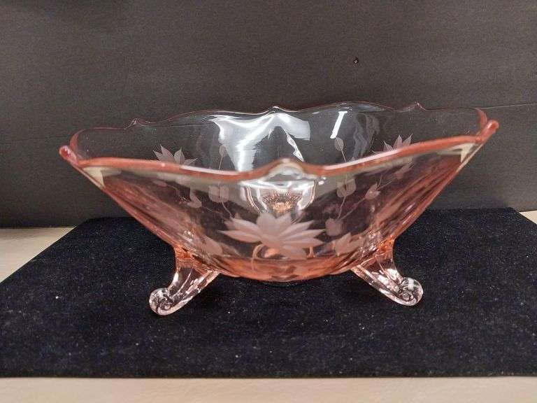 Pink Floral Etched Glass Footed Bowl, 9 Inches