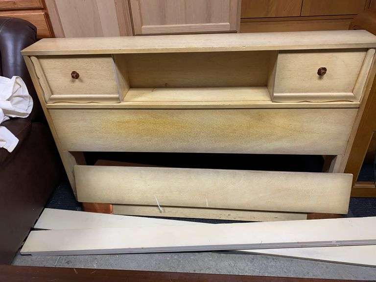 Vintage Full Size Blonde Bed Frame w/ Bookcase Headboard - Copper Accents