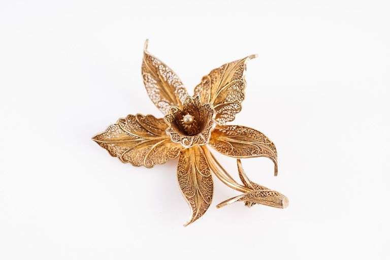 Filigree Flower Brooch Marked Sterling