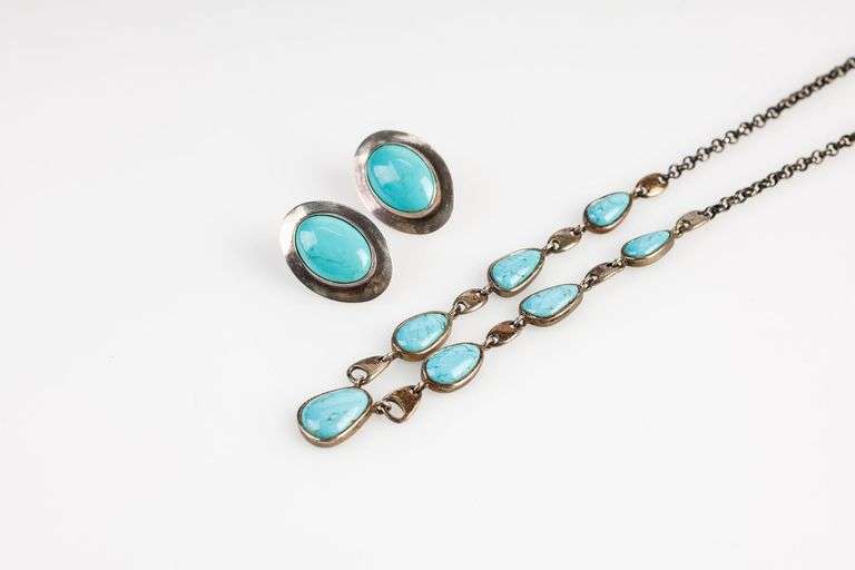 Sterling Silver Marked Turquoise Bracelet and Earrings