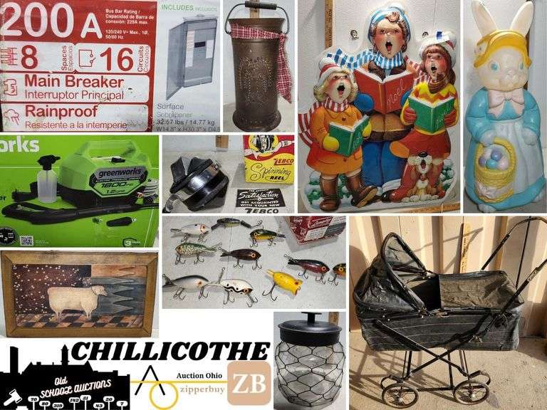 CHILLICOTHE: Antique Stroller, Folk Art, David Print, Bunny Blow Mold, New 200AMP Breaker Box, & More