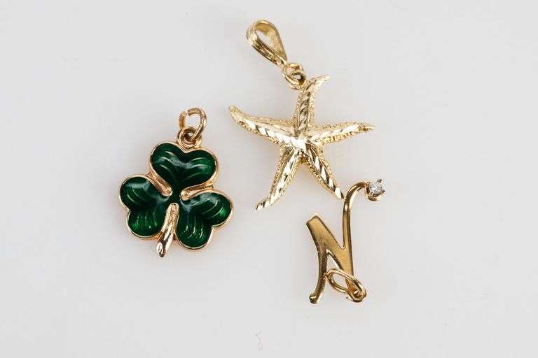 14k Gold Marked Charms and Pendant- Starfish, Shamrock and Letter N