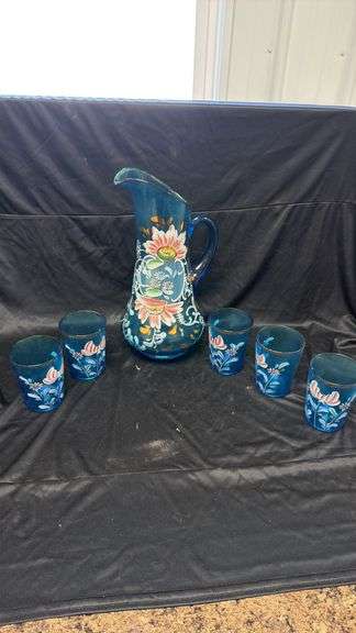 Vintage Hand-Painted Blue Glass Pitcher and Tumblers Set
