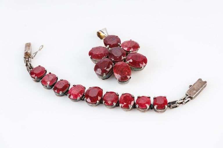 Beautiful Sterling Silver Marked Tennis Bracelet with Red Stones and Pendant