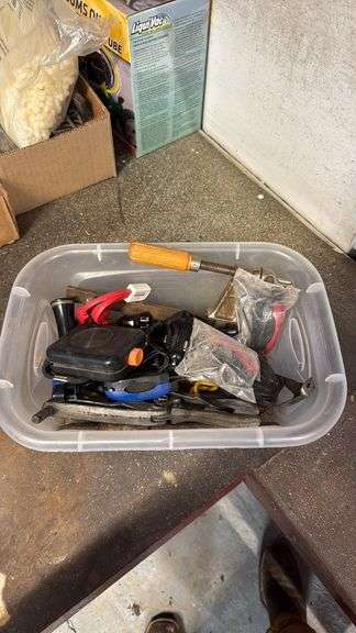 Mixed Hand Tools and Accessories in Plastic Bin