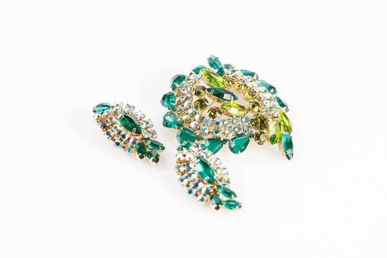 Large Vintage Rhinestone Brooch with Matching Earrings